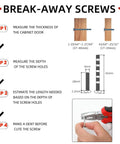 Break-away screws installation steps for brushed nickel cabinet pulls, showing measurement and cutting process with pliers.