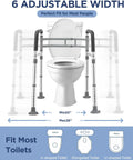 Adjustable Foldable Toilet Safety Rails For Seniors Handicap Users Straight Up Strong Aluminum Grab Bar With No Sweat Quick Mount And Solid 350 Pound Rating Smooth Space Saving Build Ultimate Bathroom Grip And No Fuss Daily Reliability For Total, showing adjustable width settings for various toilet types.