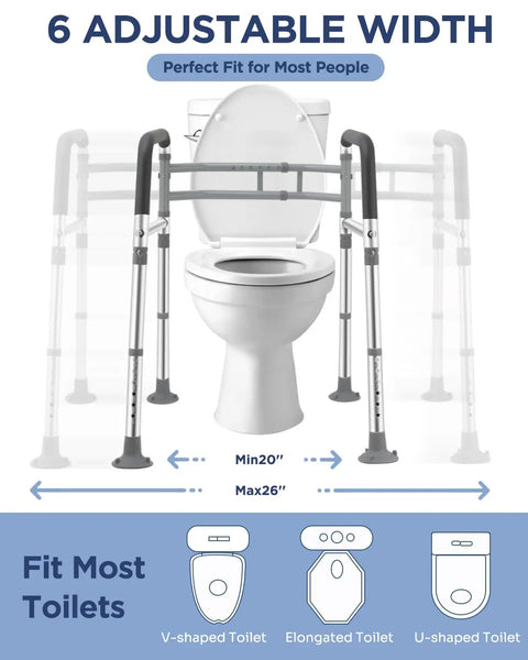 Adjustable Foldable Toilet Safety Rails For Seniors Handicap Users Straight Up Strong Aluminum Grab Bar With No Sweat Quick Mount And Solid 350 Pound Rating Smooth Space Saving Build Ultimate Bathroom Grip And No Fuss Daily Reliability For Total, showing adjustable width settings for various toilet types.