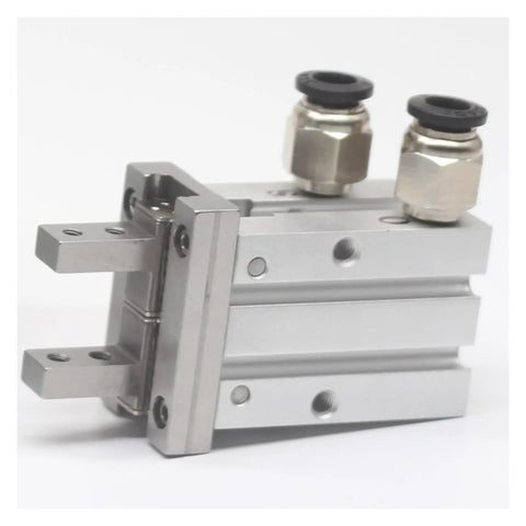 Heavy Workhorse Pneumatic Finger Claw Parallel Gripper Cylinder With Normally Open Or Closed Action For Rock Solid Industrial Clamping and Precision Grabbing, side view showing dual air connectors.