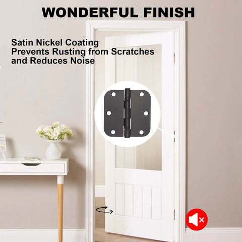 Matte Black Interior Door Hinges 3.5 Inch 3 Pack Heavy Duty Steel illustrated with satin nickel coating for reduced noise.