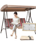 Beige 3 Seater Patio Swing Canopy Replacement Top Cover Waterproof Windproof Rainproof Sunproof 210D Oxford Cloth on swing