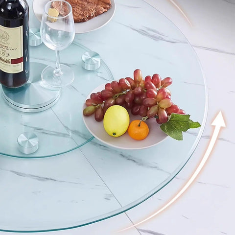 Heavy Duty Tempered Glass Lazy Susan Turntable 32 Inch Round Rotating Tray with fruits and wine on kitchen table