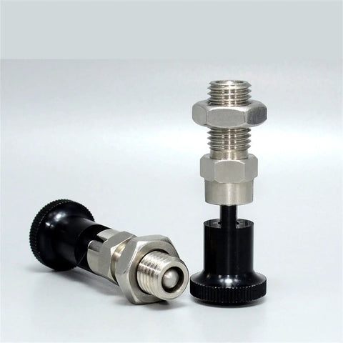Straight Shooter Index Plunger With Fine Thread Lock Pin And Aluminum Twist Knob smooth ride design shown from angled view.