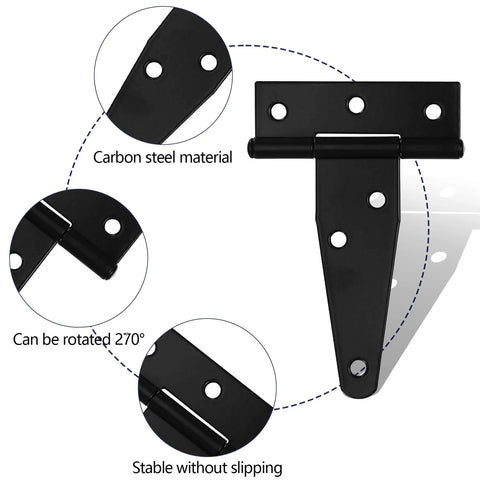6 Pack 3 Inch T Strap Hinges Heavy Duty Black Outdoor Tee Hinges for Wooden Fences Barn Doors Gates Shed Doors Hardware