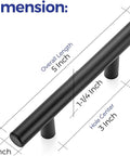 Slick Matte Black Cabinet Handles And Drawer Pulls With Three Inch Centers And Five Inch Overall Length In An Eighteen Pack close-up view with dimensions.