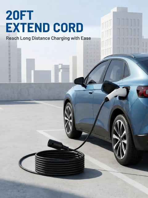 Heavy Duty J1772 Extension Cable 21 Feet Long EV Charger Cord connected to electric vehicle in a parking lot