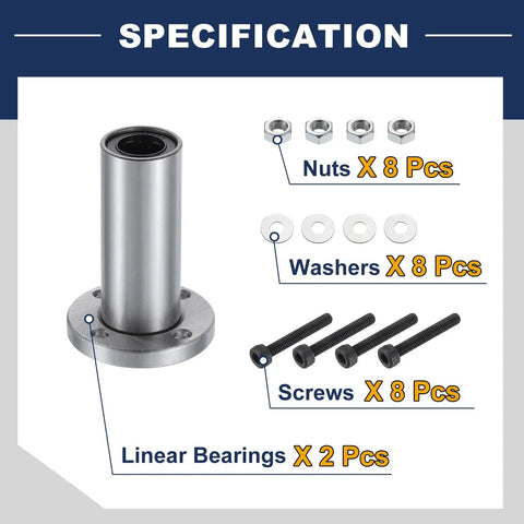 Rock Solid LMF13LUU Linear Ball Bearing with 48mm flange, nuts, washers, screws, and specification details suitable for various applications.
