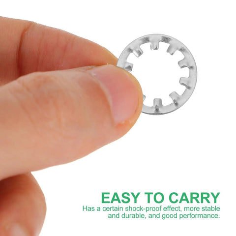 Close-up of stainless steel internal tooth lock washer from 300 piece set for industrial and DIY projects
