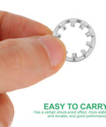 Close-up of a hand holding a Stainless Steel Internal Tooth Locking Washer from the 300 Pcs Heavy Duty Workhorse Star Shaped Assortment Kit