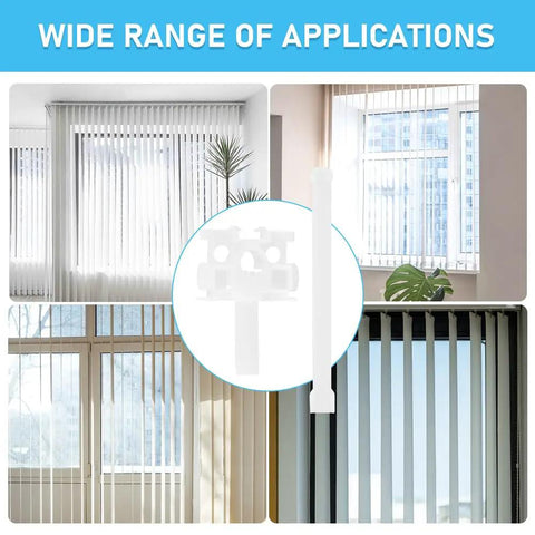 12 Piece Vertical Blind Repair Kit With Carrier Stem And Strap Universal Replacement Parts, white polymer, used in various window settings.