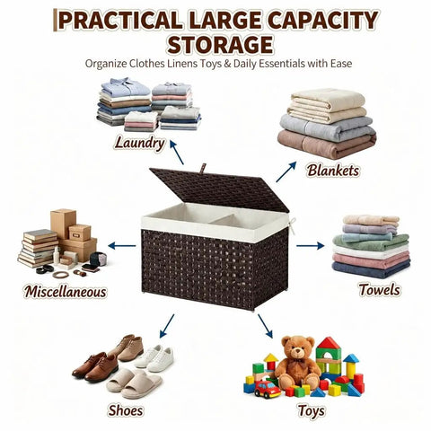 Massive Wicker Storage Basket With Lid, 104 Liter Rattan Blanket Box Holds A Ton Of Gear for laundry, towels, toys, and blankets.