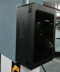 Lockable EV Charger Wall Mount Case Premium Heavy Duty Steel Outdoor Shield with combo key lock, side view in parking garage.