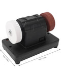 Cordless Mini Bench Grinder With 3 Inch Wheel And Variable Speed Shifting From 2000 To 6000 Rpm on black base with dual grit discs.