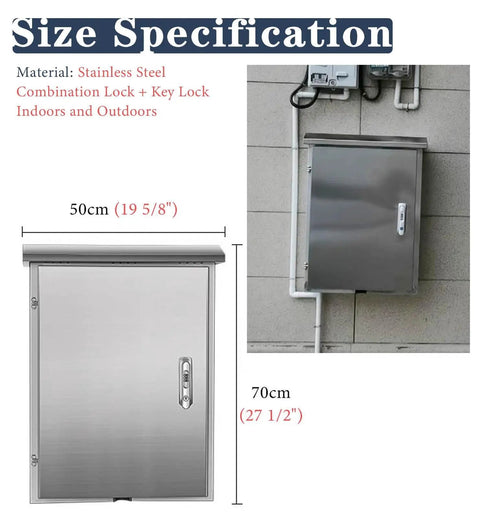 Tough As Nails Waterproof Stainless Steel EV Charger Cover with combination lock, dimensions 50cm x 70cm, mounted on wall.