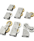 Adjustable Heavy Duty Double Wheel Roller Bearings Made From Stainless Steel With Copper Wheels Perfect For Sliding Doors Windows And Shower Tracks Providing Slick Glide Durable Construction 4 Pack showing multiple angles and types.
