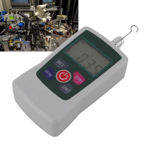 Close-up of Deadly Accurate Digital Force Gauge 1N To 10N Range showing digital readout in lab setting for precise testing.