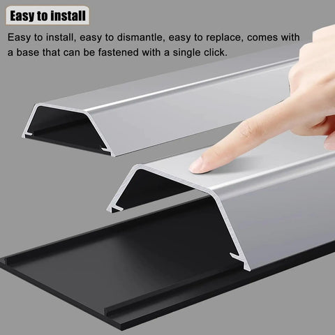 Wall Mounted Cable Raceway For Hidden Wires And Waterproof Cord Cover Keeps Cables Neat And Safe Baby Proof Ready For Home And Office 1 Meter Long By 30mm Wide Durable Wire Management Solution, brushed aluminum raceway with finger pointing at the cover, easy installation demo