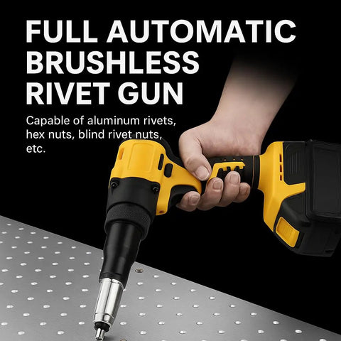 Smooth Operator Cordless Pop Rivet Gun With Brushless Motor Works With 20 Volt Batteries Includes Aluminum Rivets 1 8 5 32 3 16 Inch No Sweat Heavy Duty Pro Tool in use on metal.