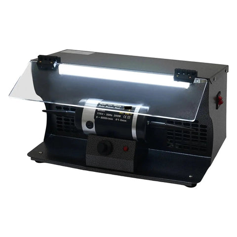 Heavy Duty Jewelry Polishing Machine 200W Bench Polisher With Variable Speed 0 to 8000 RPM For Polishing Steel Woodworking Hardware Projects Built Tough Cast Iron Shell With Rust Resistant Finish shown.