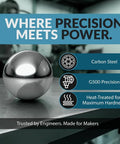 Top Shelf Carbon Steel Precision Balls 5/16 Inch G500 Grade Badass Durability Slick Finish 1000 Piece Bulk Pack on a metallic surface.
