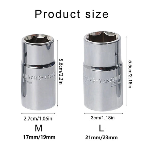 Badass Mini Dual Head Socket Wrench Set For Car Guys And Bike Riders 17 Mm 19 Mm 21 Mm 23 Mm showing sizes of chrome sockets.