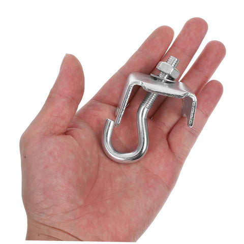 Rock Solid Heavy Duty Girder Clamp Hooks With Pipe Support Brackets For Warehouse Shelving And Garage Storage Racks, held in hand.