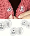 Ultra Clear Invisible Snap Buttons Straight Up Hidden Fasteners on a pink knit cardigan preventing gaps and securing neckline.
