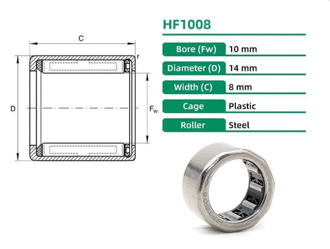 Heavy Duty 10 Pack HF1008 One Way Needle Bearings Metric Clutch Roller Inserts detailed view showing dimensions and materials.