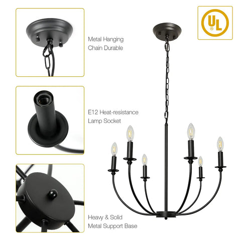 Six Light Black Farmhouse Industrial Metal Chandelier With Classic Candle Pendant Style ceiling fixture details and features