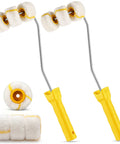 Pipe Paint Roller Two Pack With Premium Microfiber Sleeves Built For Curved Pipes Chain Link Fences And Metal Railing Boasts Extension Thread Compatibility For Long Handles A No Sweat Home Improvement Staple That Delivers Hella Smooth Results Every Time showing two curved rollers and microfiber sleeves.