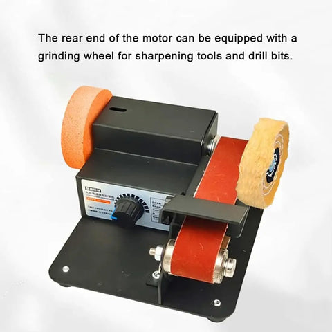 Pro Level Micro Belt Sander And Polisher No Hassle Stepless Speed Control Tough Metal Body showing grinding wheel for sharpening tools.