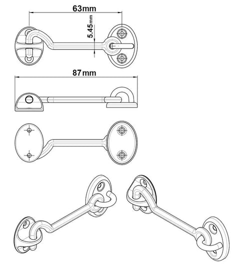 Rock Solid Marine Grade Stainless Steel 316 Cabin Hook And Eye Latch Top Shelf Two Point Five Inch dimensions and design features.