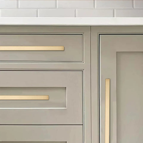 Heavy Duty Rock Solid 10 Pack Cabinet Drawer Pulls With Exact Six Inch Hole Spacing Crafted In Premium Brushed Gold Square Handles on drawers.