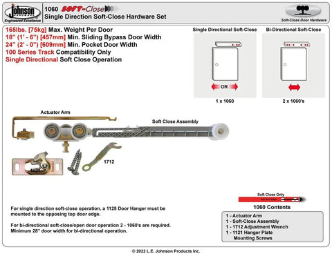Diagram of Soft Close Hanger 1060 Actuator Kit for Cabinet Doors showing parts and specifications for single-direction soft close.