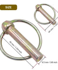 Rock Solid 6 Pack 3 8 Inch Lynch Pin Clips With Safety Retaining Rings For Trailer Hitch and Tow Cargo Carrier Heavy Duty Cold Forged Carbon Steel durable pins showing size dimensions of 3/8 inch.