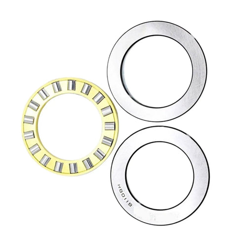Heavy Duty Thrust Cylindrical Roller Bearing For Industrial Machinery High Load Capacity Low Friction Smooth Operator No Nonsense Workhorse 81222M Size 110X160X38, three roller bearings, including one yellow.
