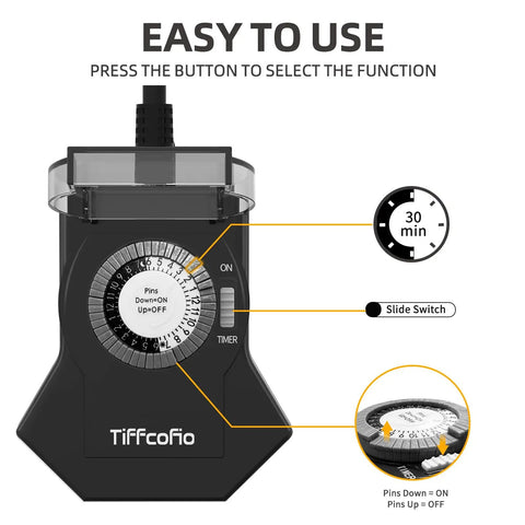 Super Reliable Plug In Outdoor Timer With 24 Hour Mechanical Control; black mechanical timer with hour tabs and slide switch.