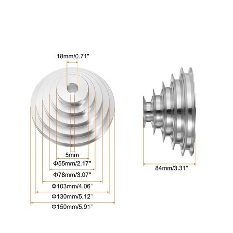 No Nonsense Heavy Duty A Type Aluminum Five Step V Belt Pulley Wheel showing dimensions 55mm to 150mm and 18mm bore.