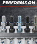 Five different bolts on a metal block labeled for Aluminum 6061, Cold Rolled Steel, Plated Steel (Zinc), Stainless Steel 316, Inconel 718.