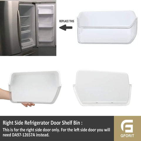 Right Side Refrigerator Door Shelf Replacement compatible with RF263BEAESG, shown with open fridge and standalone bin views