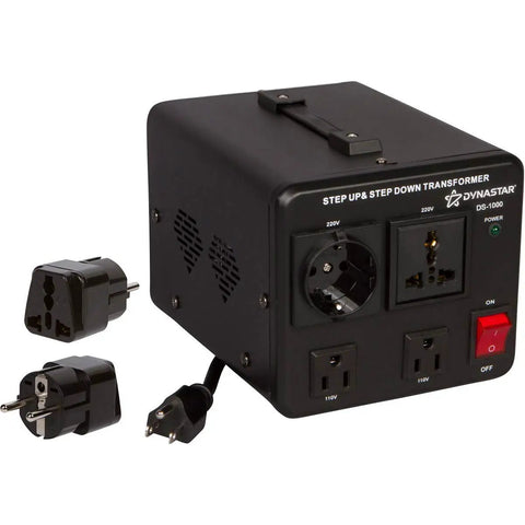 Step Up And Step Down Voltage Converter Transformer From 110 to 220V Up To 220 to 240V Heavy Duty 1000W with plug adapters shown