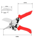 Ratchet Miter Shears Multi-Angle Cutter 45-135° Single Pack for Trim, dimensions, red handles, SK5 blade, tool on white background