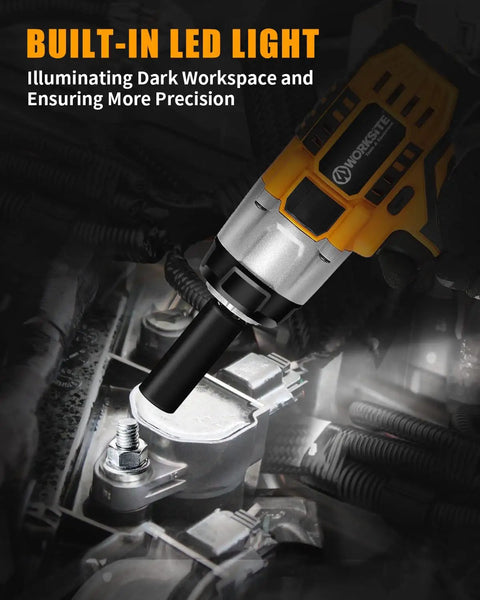 Cordless Half Inch Impact Wrench With 370 Foot Pounds Max Torque 0 To 2000 RPM Variable Speed 4Ah Battery shown with LED light