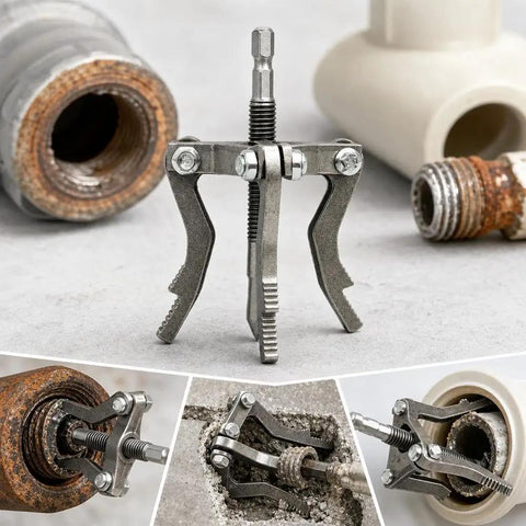 Heavy Hitter Broken Pipe Extractor Tool With Deep Bite Serrations, 3-jaw steel grip for yanking threads from PVC and metal pipes.