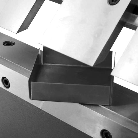 Close-up of Workhorse 40 Inch Box And Pan Brake For 12 Gauge Mild Steel With Hands Free Foot Control, showing steel bend detail.