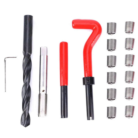 M12x1.5 Thread Insert Kit Stainless Steel 17 Piece Set with drill bit, tap wrench, hex wrench, 12 inserts for repair
