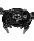 Professional Grade Complete Rear Wheel Bearing And Hub Assembly With Suspension Knuckle Pair, black metal knuckle, top view.
