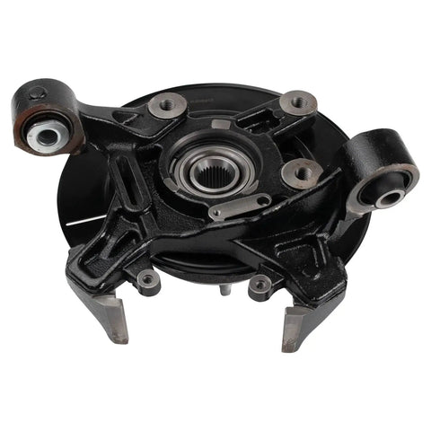 Professional Grade Complete Rear Wheel Bearing And Hub Assembly With Suspension Knuckle Pair, black metal knuckle, top view.