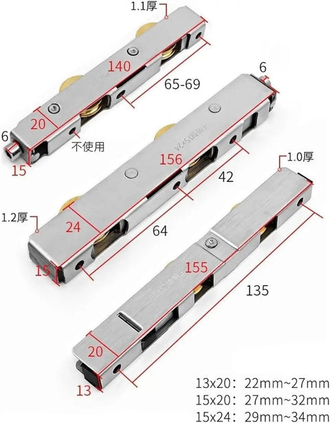 Image displaying Top Shelf Stainless Steel Sliding Door Rollers With Double Copper Wheels dimensions and design details.